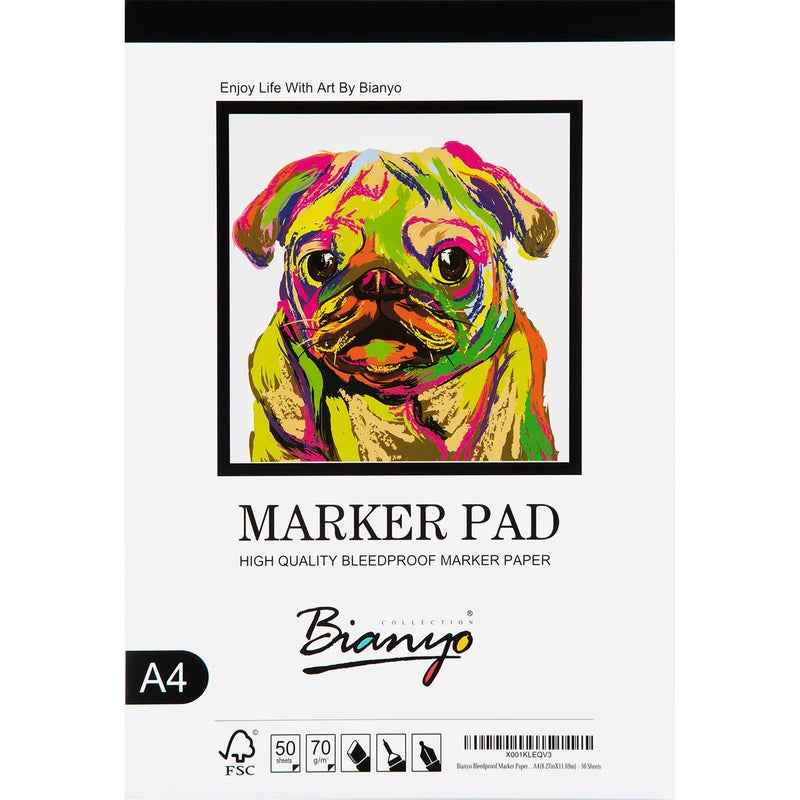 Bianyo Bleedproof Marker Paper Pad, A4(8.27""X11.69""), 50 Sheets, 18 LB / 70 GSM, Glue-Bound, 100% Cotton, White, Ideal for Use with Markers and Ink Mediums - Image 1